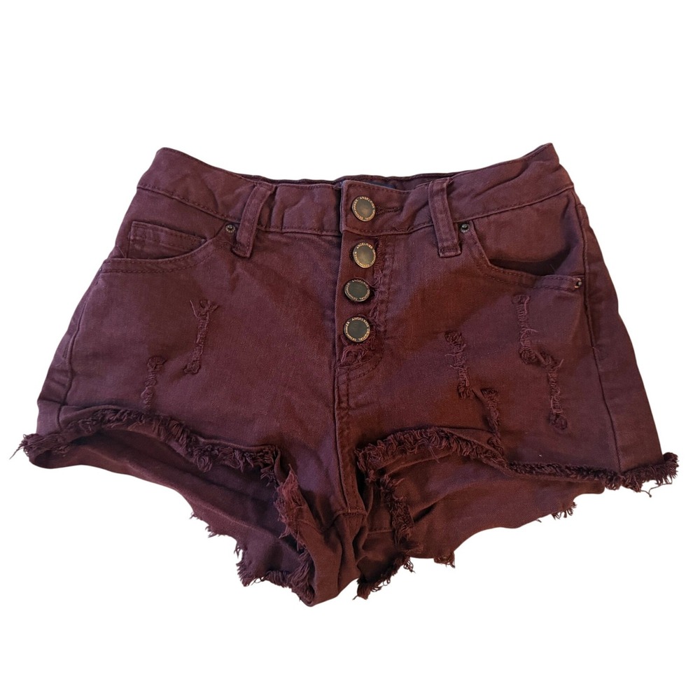 Angel Kiss Burgundy Distressed Denim Shorts High Waist Button Fly Size 00/23